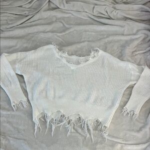 SHEIN White Distressed V-Neck Sweater